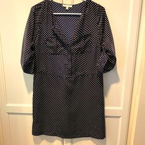 navy and cream belted polka dot dress